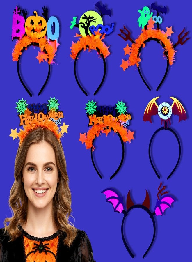 Seqiuay 6 Pack Glow in the Dark Halloween Headbands for Women & Adults - Bat, Ghost, Pumpkin & Spider Web Designs, Perfect for Halloween Parties, Costumes & Decorations (One Size Fits All) - Image 1